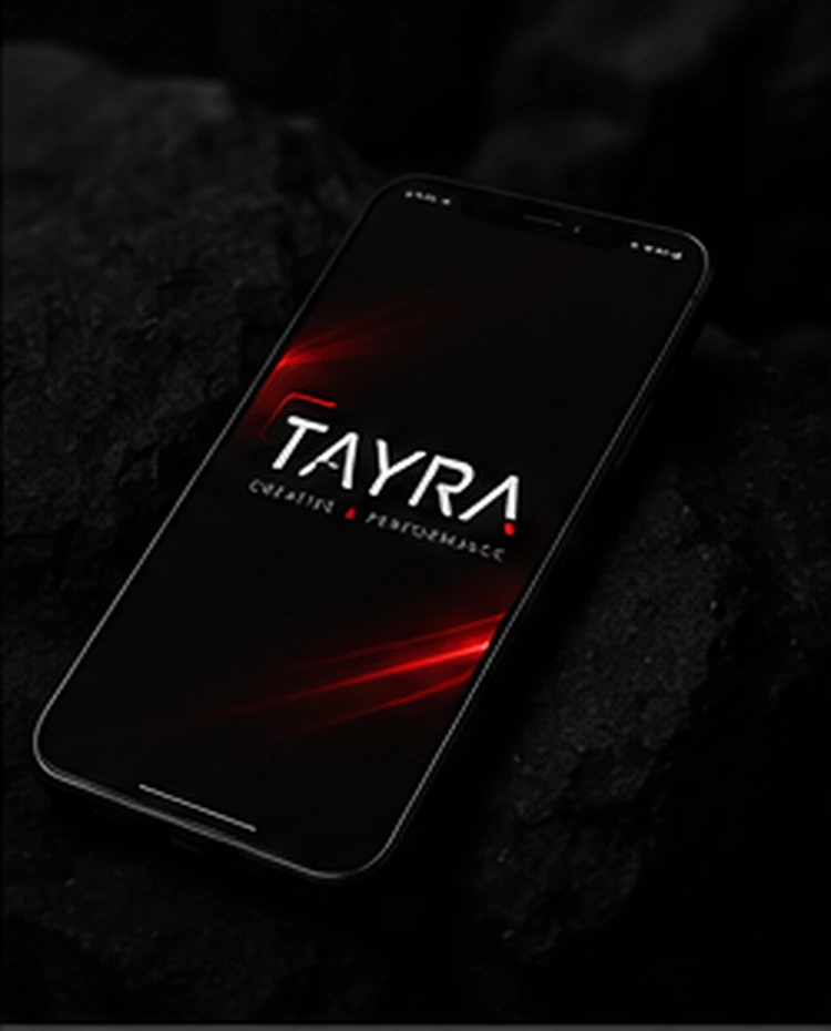Smartphone com aplicação da identidade visual TAYRA.